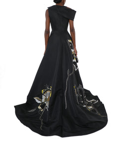 Onyx Faille Gown With Off-Shoulder Bodice And Crystal Hibiscus Embroidery