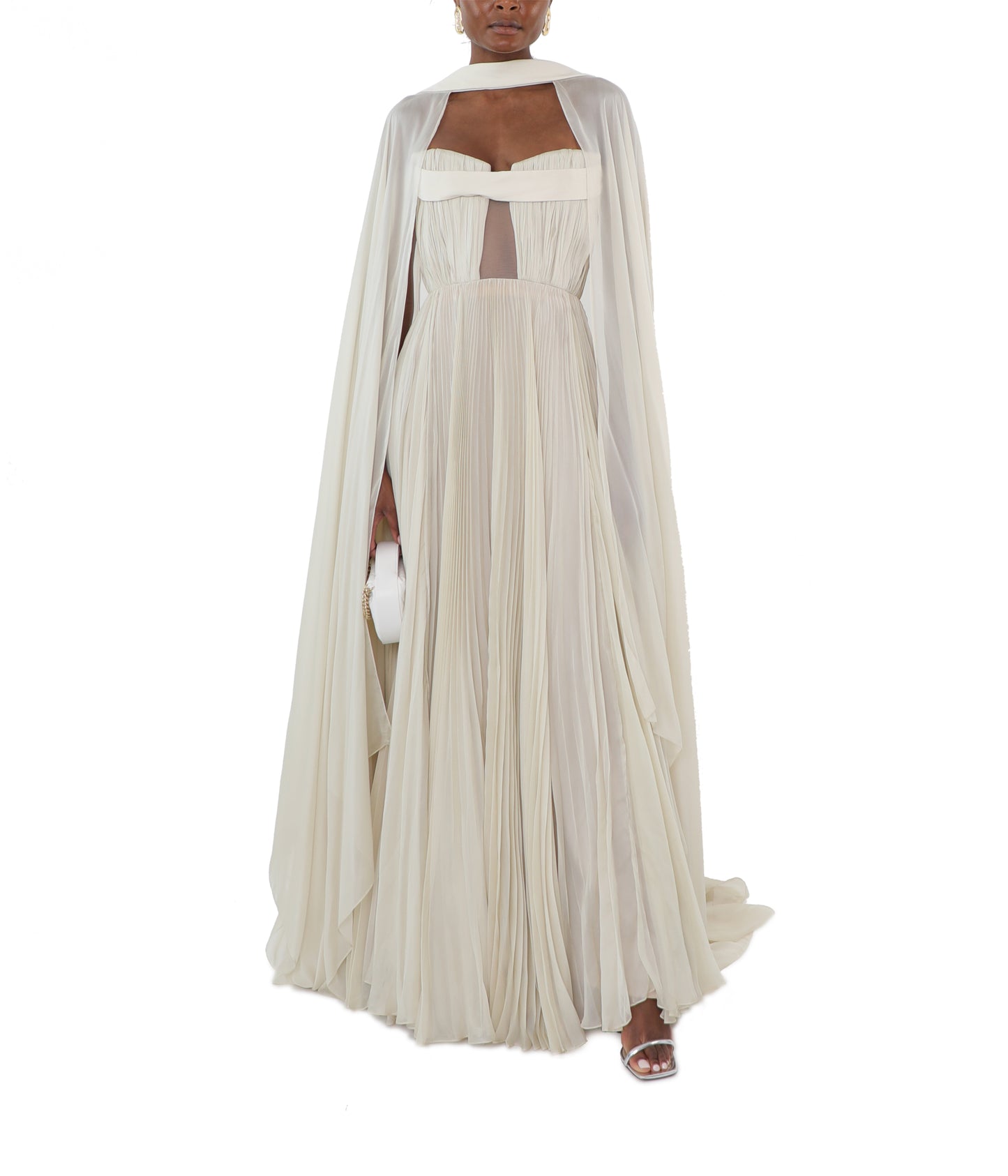 Pleated Silk Chiffon Strapless Gown With Cape Detail