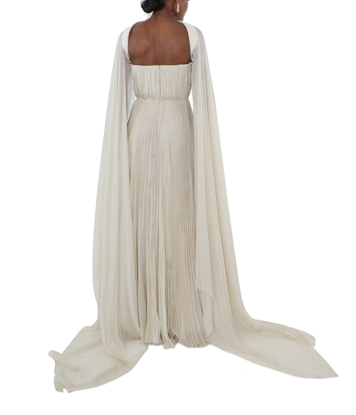 Pleated Silk Chiffon Strapless Gown With Cape Detail