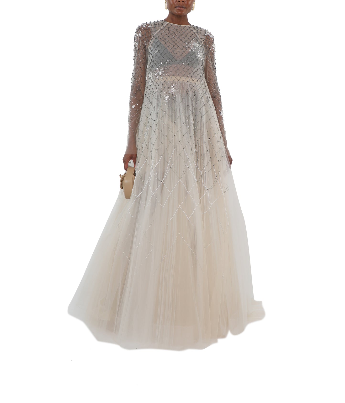 Sand And Ivory Preciosa Crystal Lattice Embroidered Tulle Gown