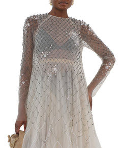 Sand And Ivory Preciosa Crystal Lattice Embroidered Tulle Gown