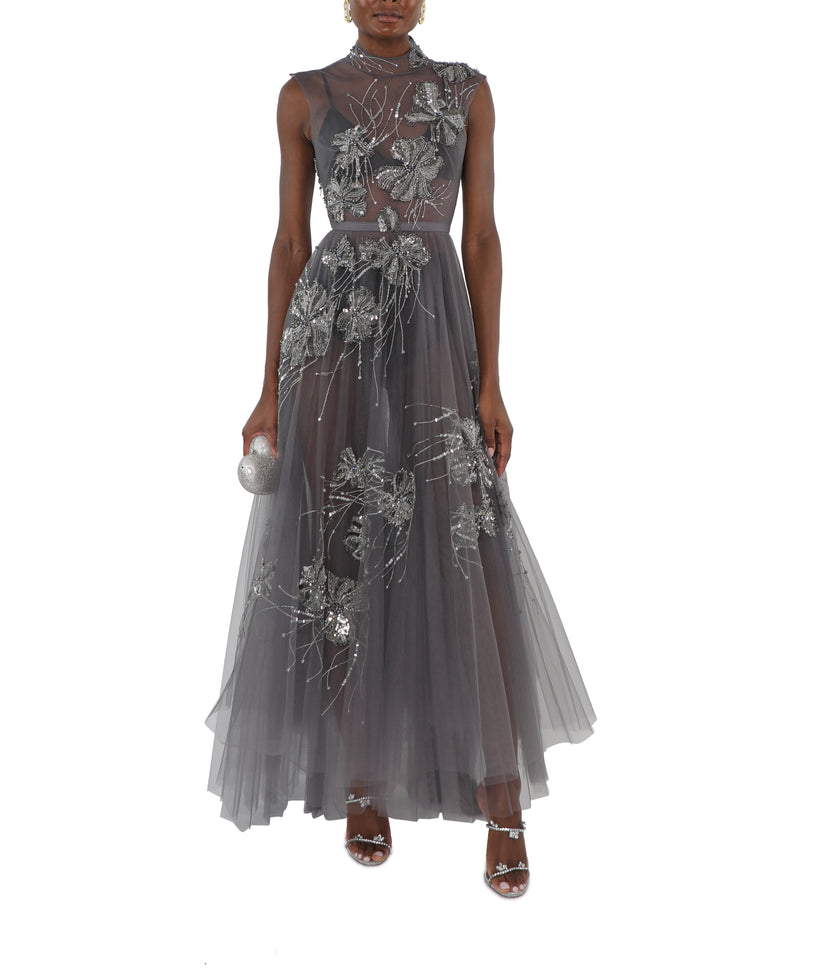 Black Diamond Fleur Embroidered Storm Gray Plisse Tulle Dress