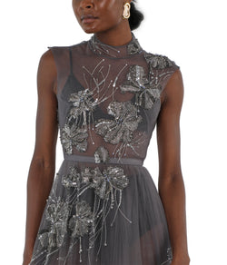 Black Diamond Fleur Embroidered Storm Gray Plisse Tulle Dress