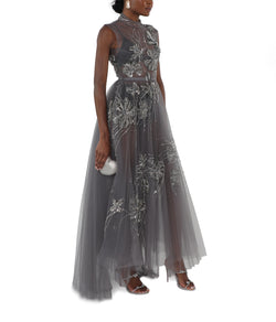 Black Diamond Fleur Embroidered Storm Gray Plisse Tulle Dress