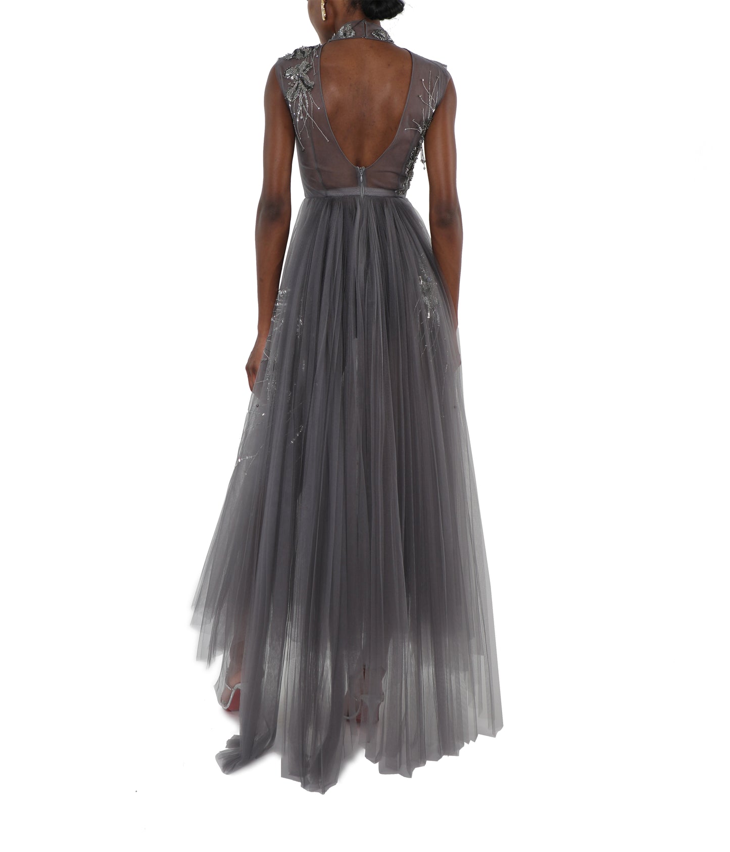 Black Diamond Fleur Embroidered Storm Gray Plisse Tulle Dress