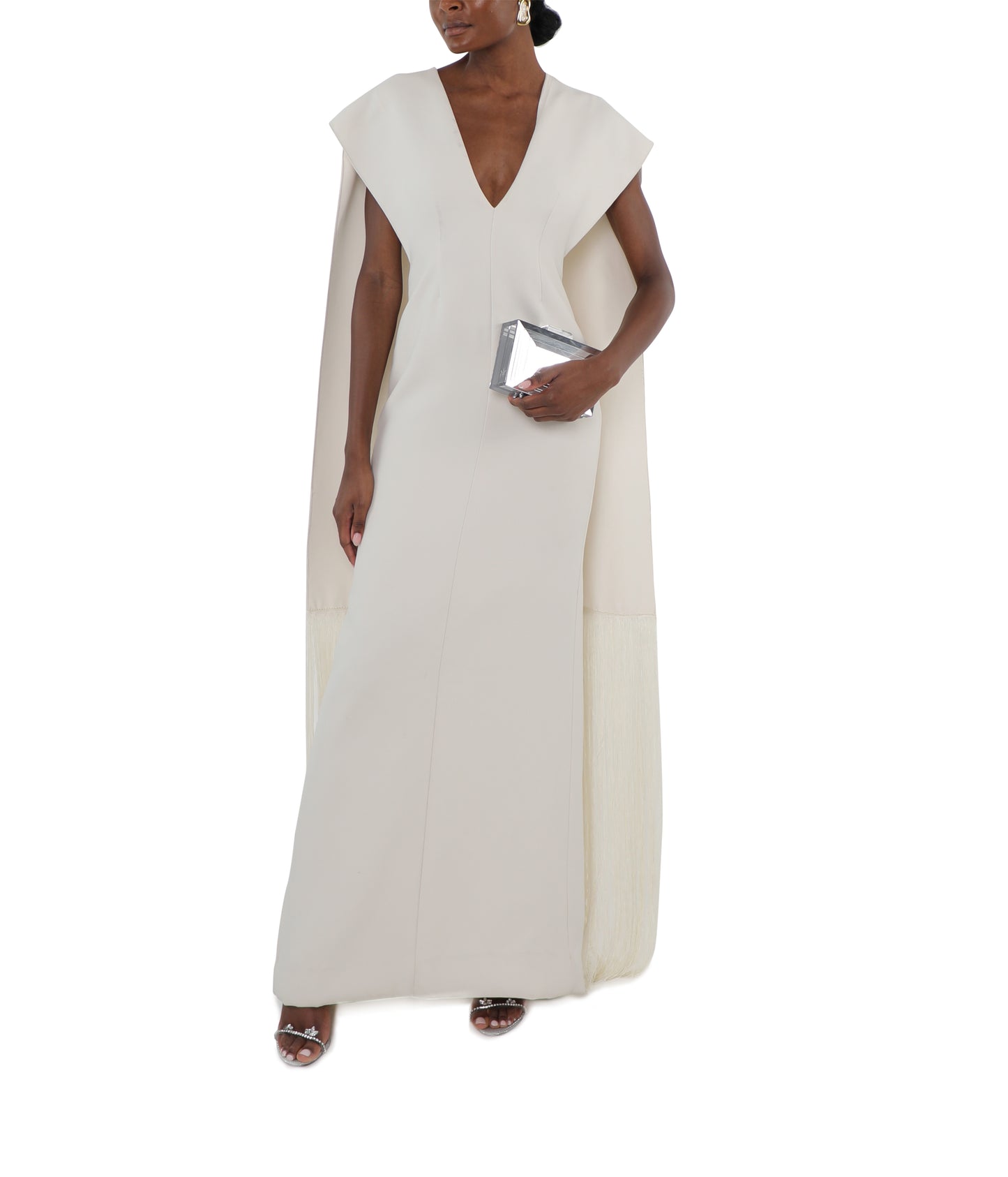 Ivory Cady Gown With Fringed Cape And Plunging Neckline