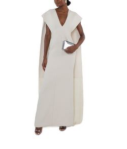 Ivory Cady Gown With Fringed Cape And Plunging Neckline