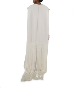 Ivory Cady Gown With Fringed Cape And Plunging Neckline