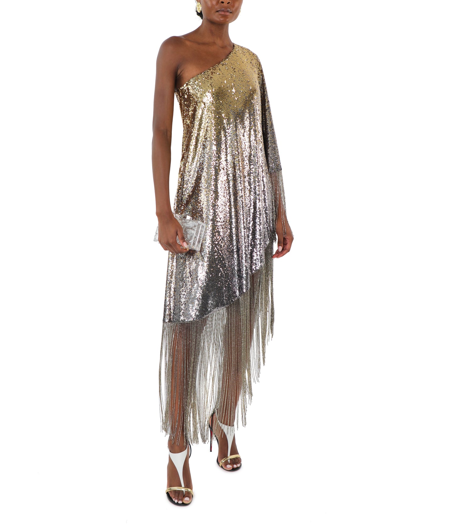 One Shoulder Ombré Sequinned Crystal Fringe Embellished Kaftan