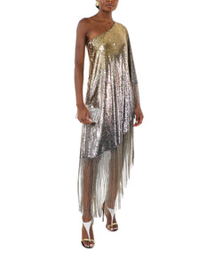 One Shoulder Ombré Sequinned Crystal Fringe Embellished Kaftan