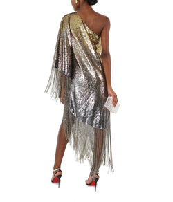 One Shoulder Ombré Sequinned Crystal Fringe Embellished Kaftan