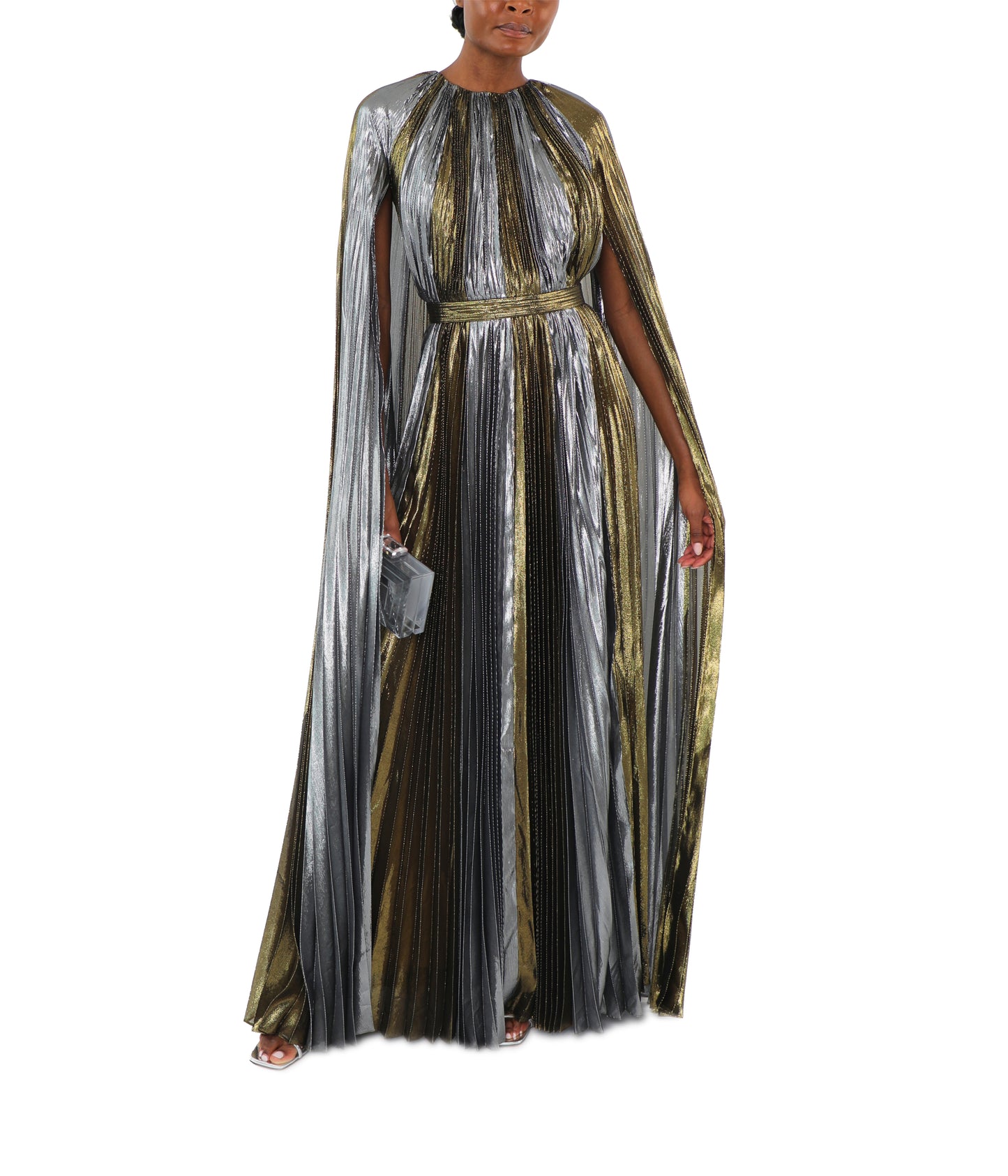 Gold and Silver Metallic Plissé Cape Back Gown