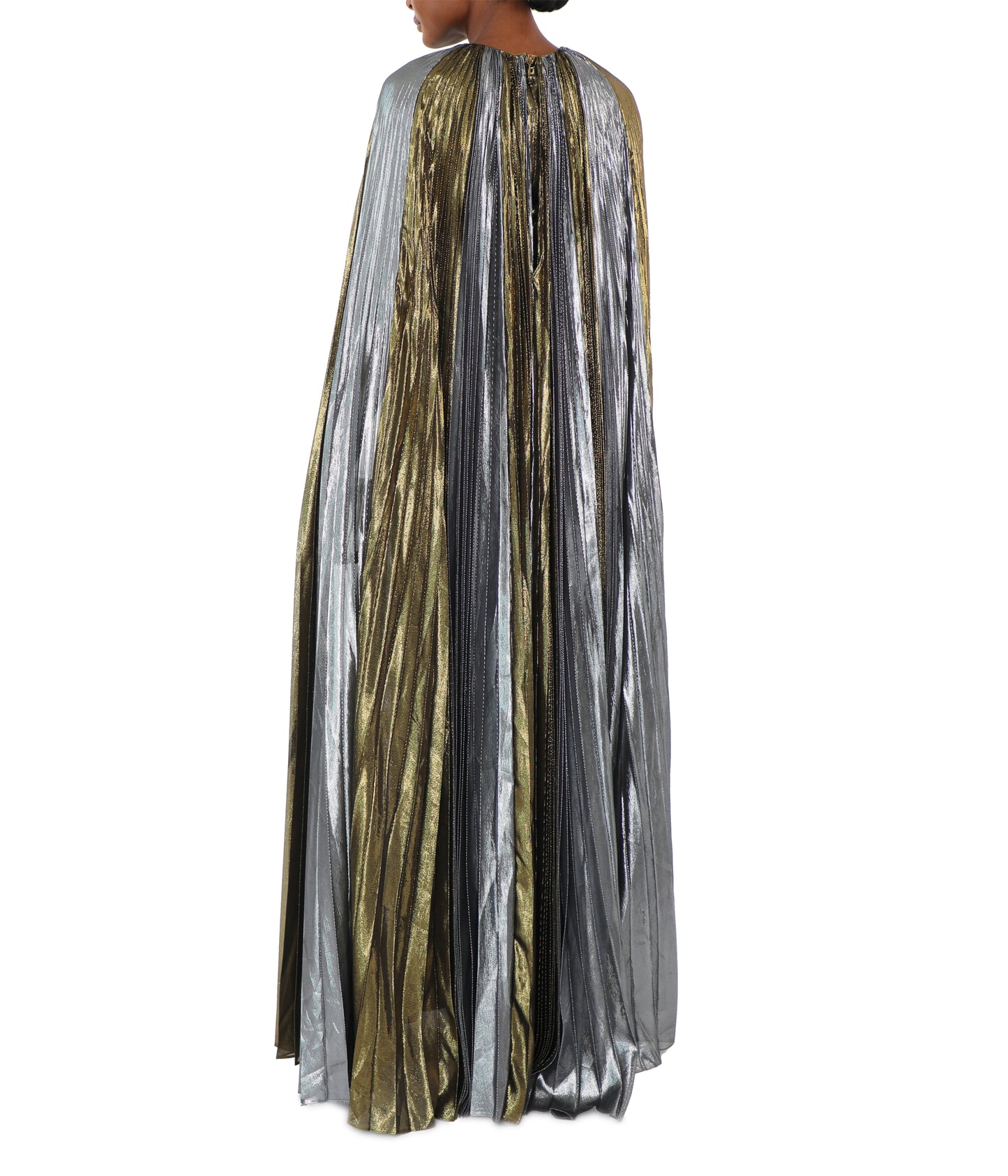 Gold and Silver Metallic Plissé Cape Back Gown