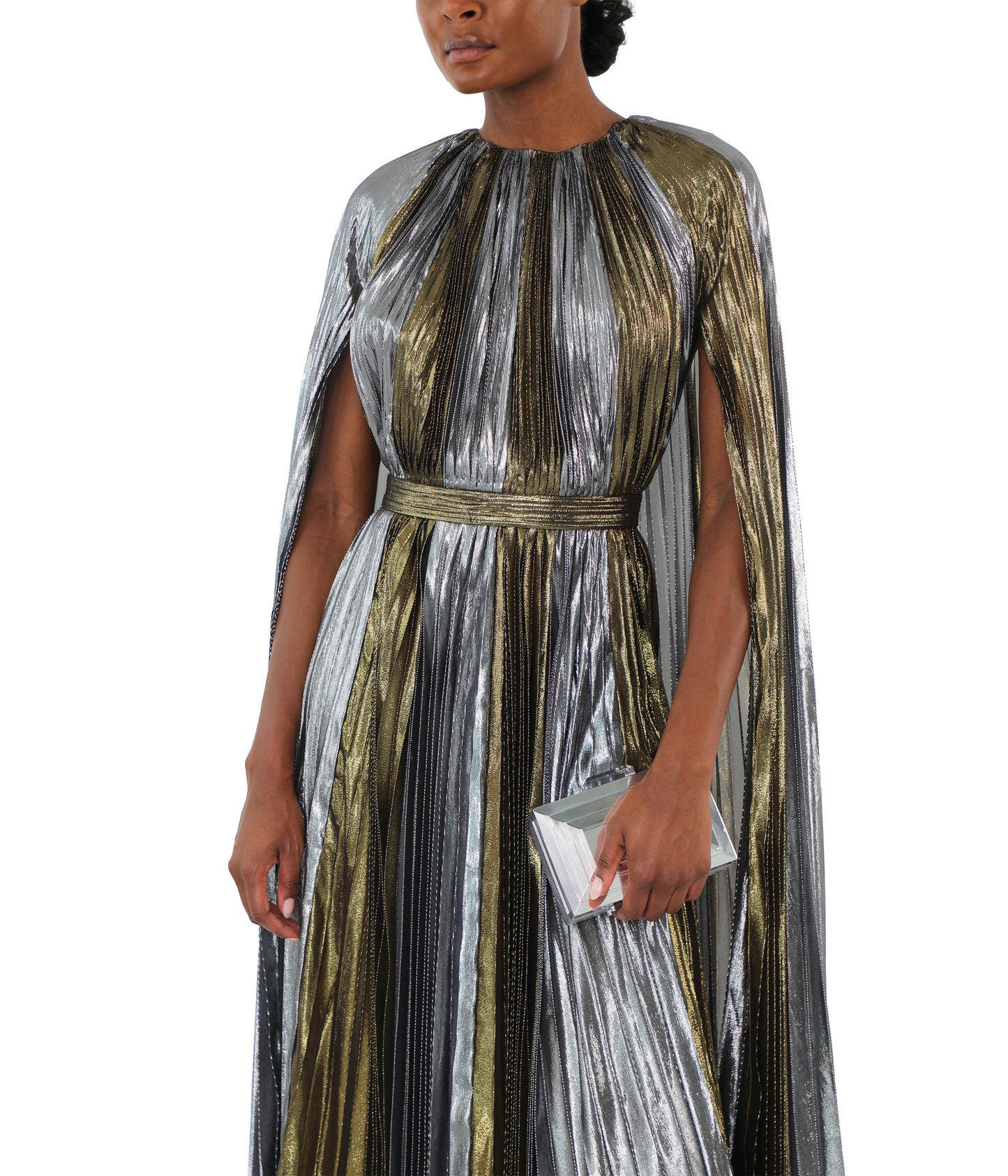 Gold and Silver Metallic Plissé Cape Back Gown