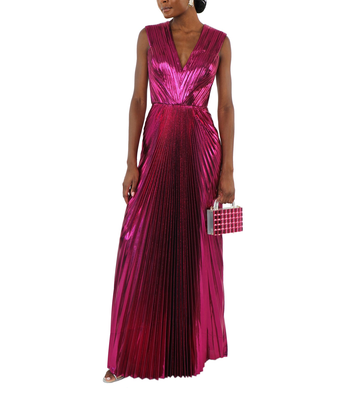 Pink Pleated Metallic Lamé Gown