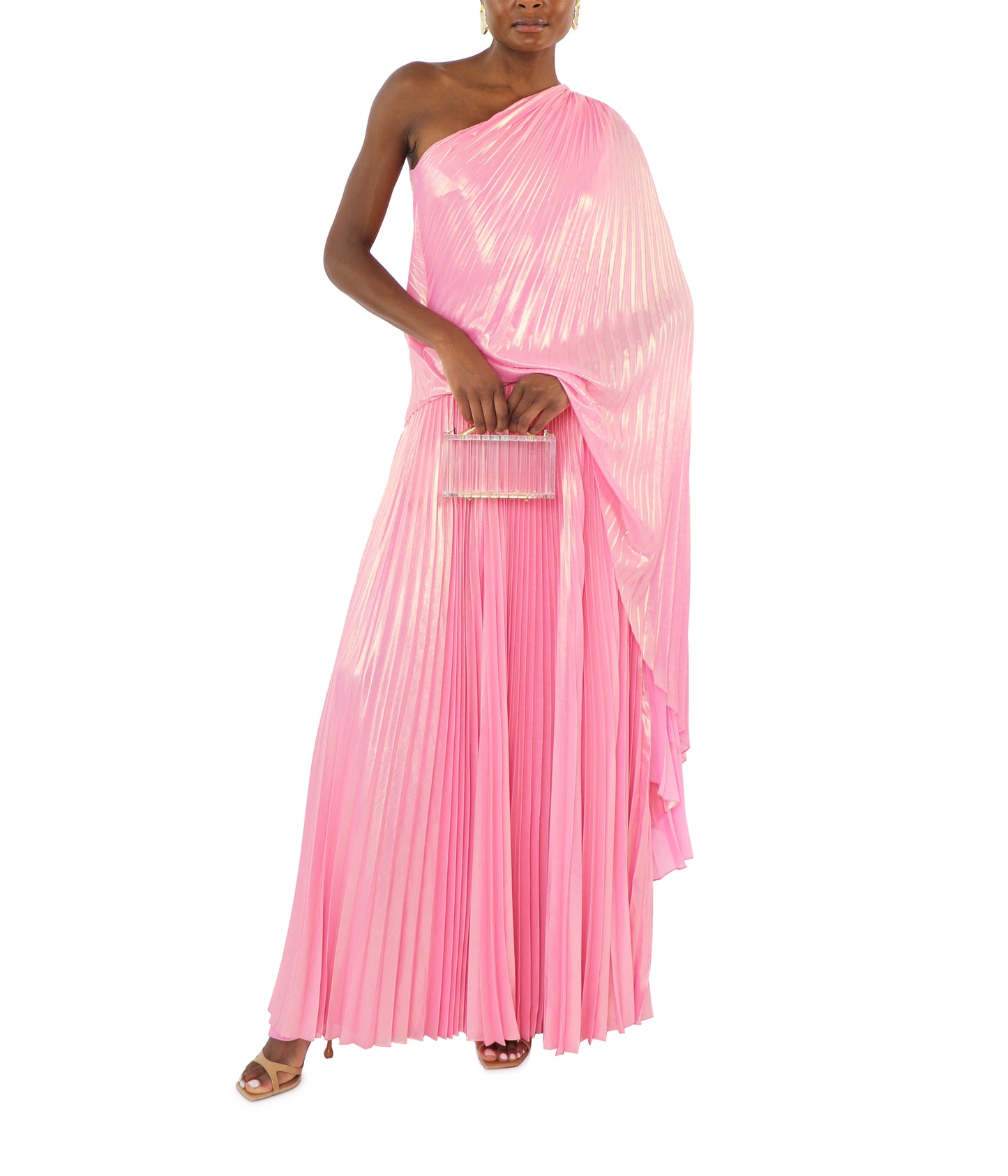 One Shoulder Draped Plissé Lamé Maxi Dress