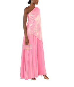 One Shoulder Draped Plissé Lamé Maxi Dress