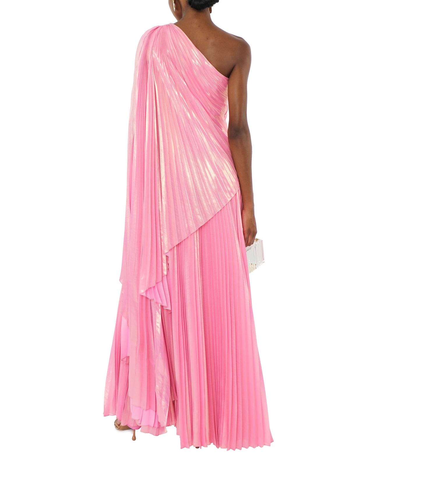 One Shoulder Draped Plissé Lamé Maxi Dress