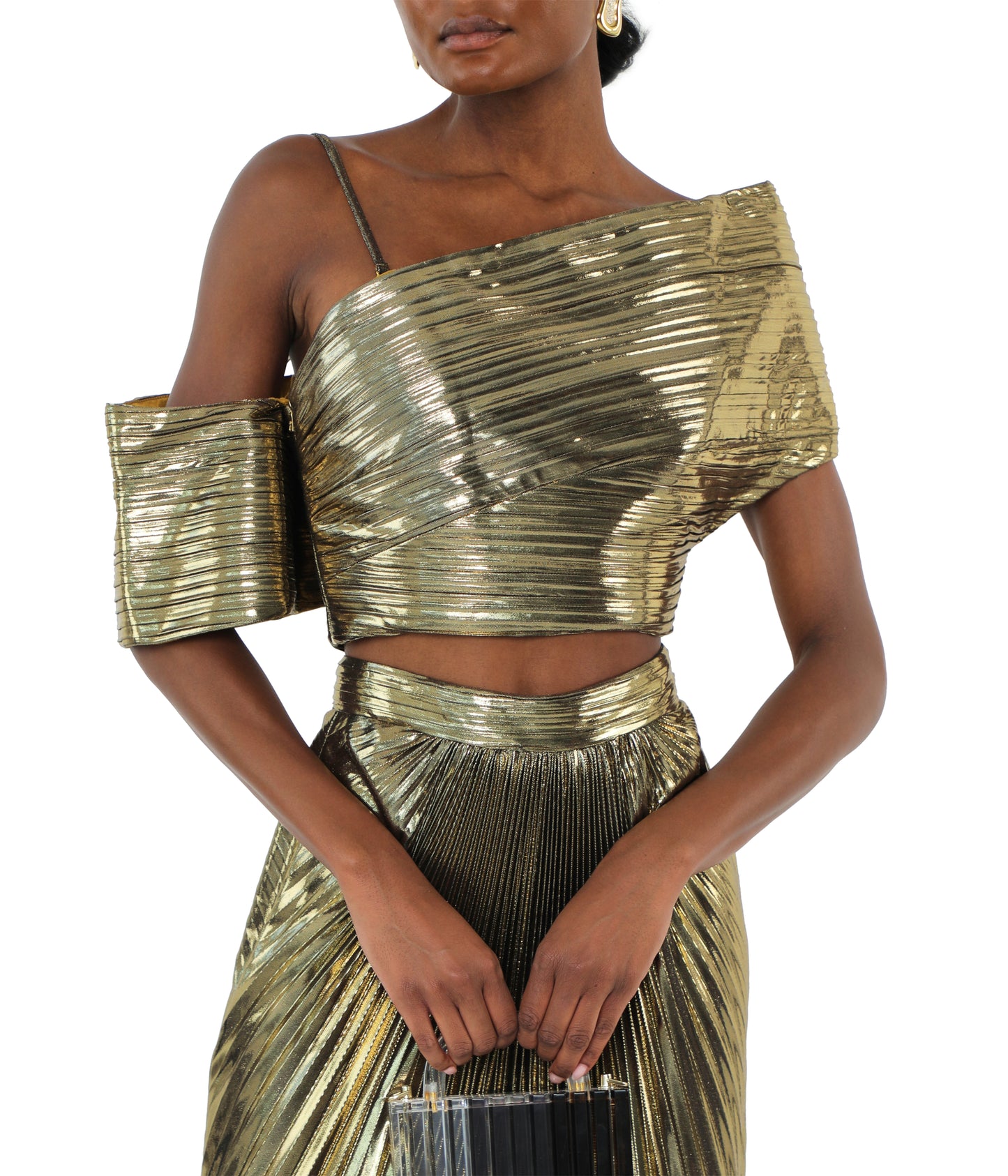 Gold Metallic Plissé Structured Top