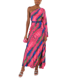 One-Shoulder Draped Tie-Dyed Silk-Satin Maxi Dress