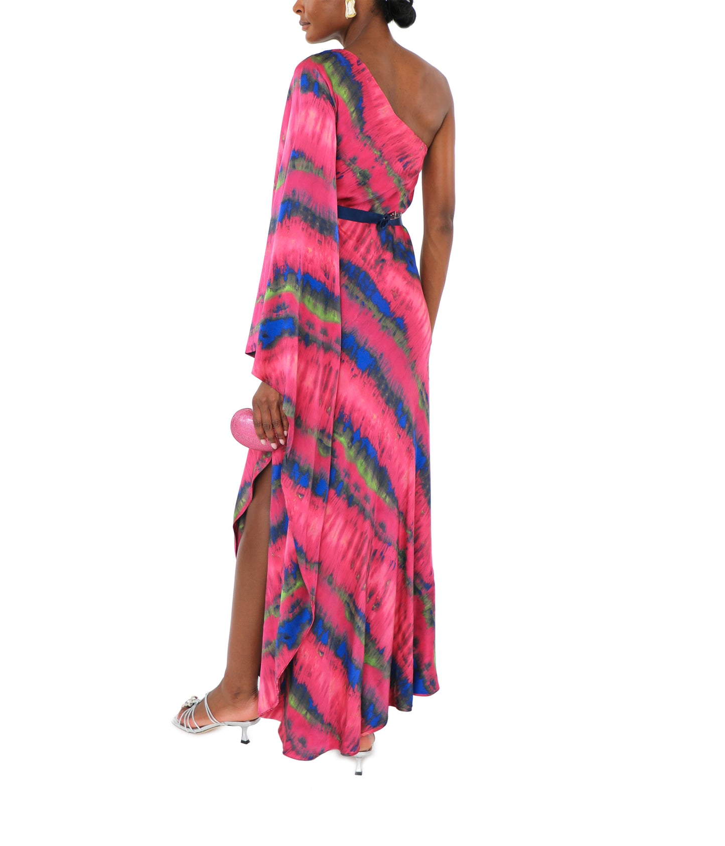 One-Shoulder Draped Tie-Dyed Silk-Satin Maxi Dress