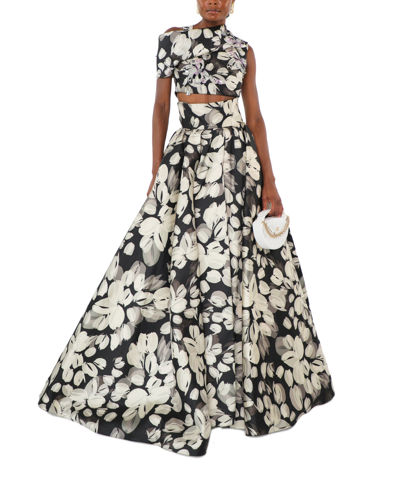 Sepia Blossom Printed Twill Gown