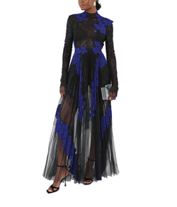 Pleated Tulle Dress With Yves Blue And Onyx Lace Applique