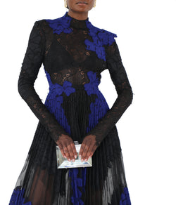 Pleated Tulle Dress With Yves Blue And Onyx Lace Applique