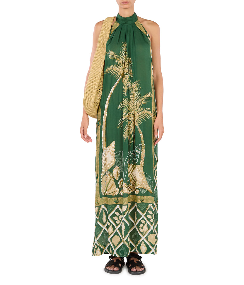 Hand Beaded Palm Halter Maxi