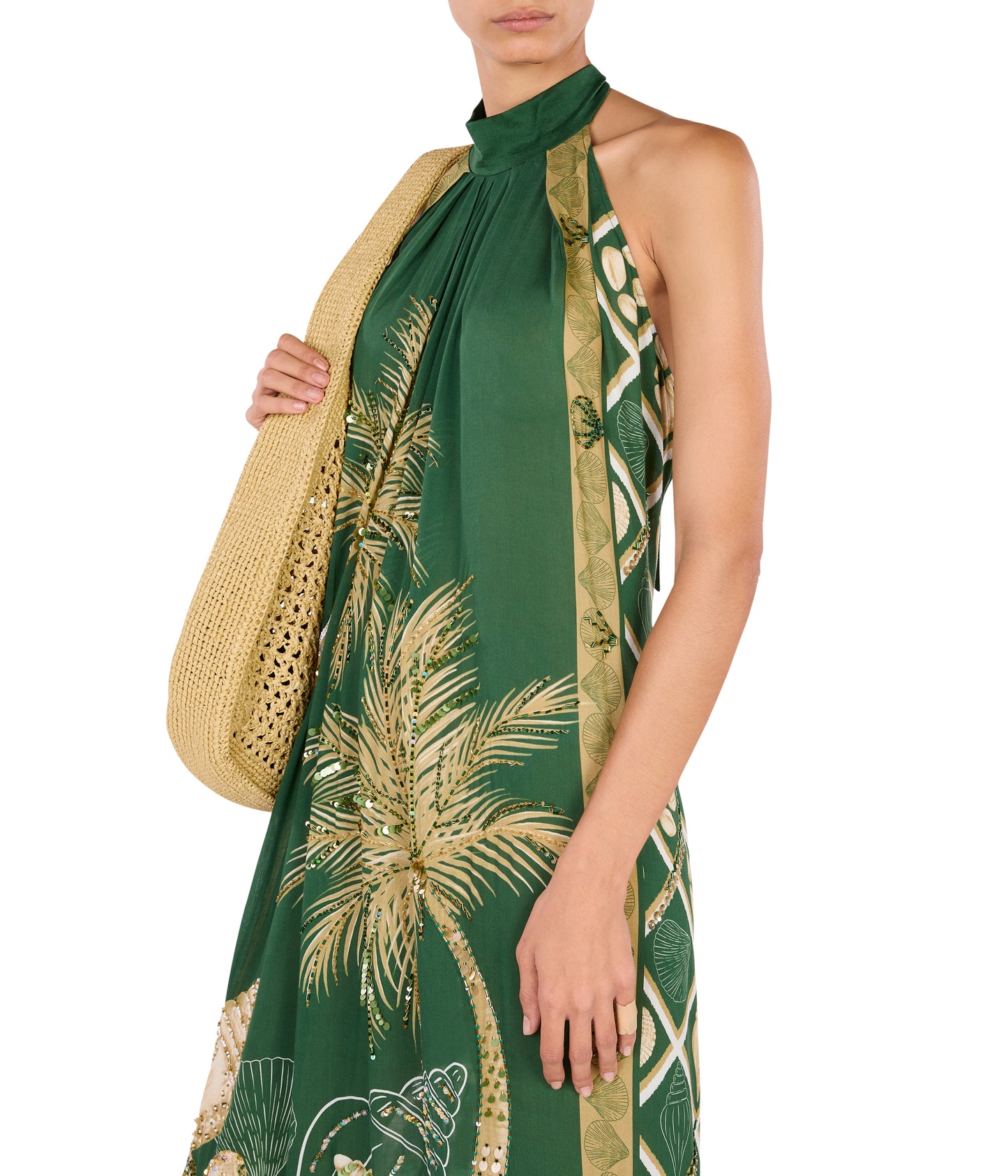 Hand Beaded Palm Halter Maxi