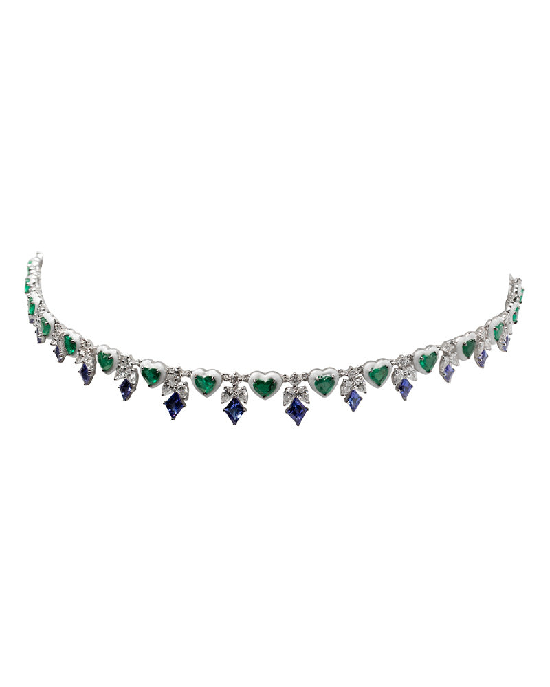 Emerald Heart And Tanzanite Kite 18K White Gold Diamond Choker