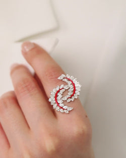 Crescent Flower 18K White Gold, Diamond And Enamel Ring