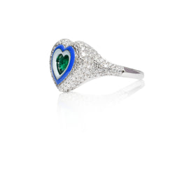 Dual Toned Oasis Heart 18K White Gold, Diamond And Emerald Pinky Ring