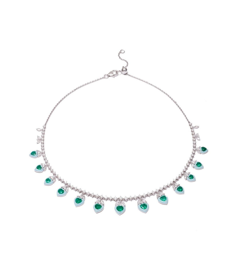 18K White Gold Emerald Heart Enamel Choker