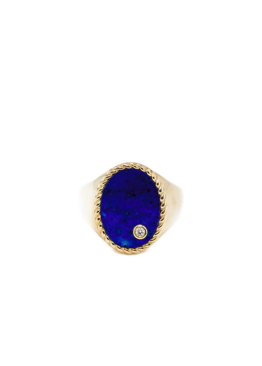 Chevalière Ovale 9K Yellow Gold, Diamond And Lapis Lazuli Signet Ring