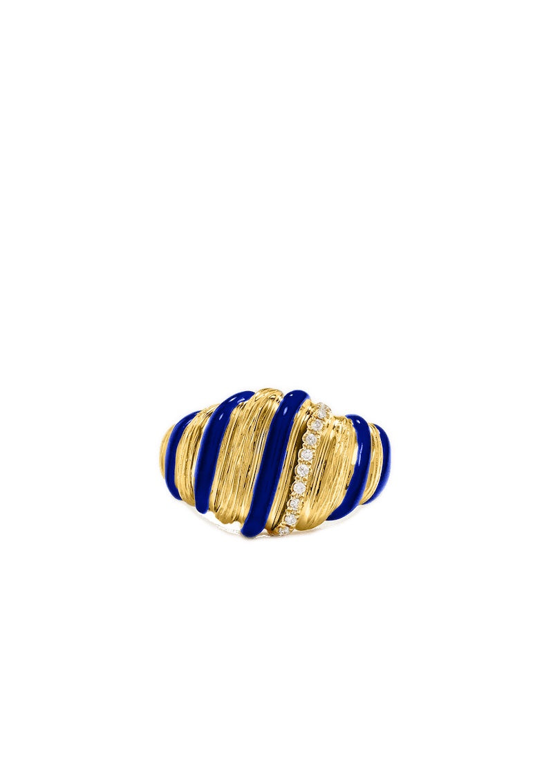 Chevalière Gaufrette 9K Yellow Gold And Blue Enamel Diamond Signet Ring